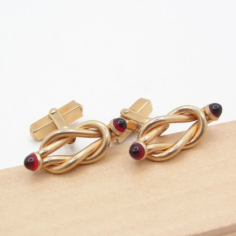 Vintage SWANK Infinity Eternity Love Knot Cufflinks Red Glass Cabochon Art Deco
